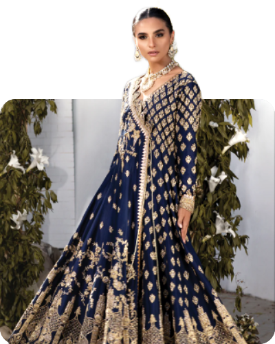 Pakistani Angrakha Frock with Lehnga In Blue Color